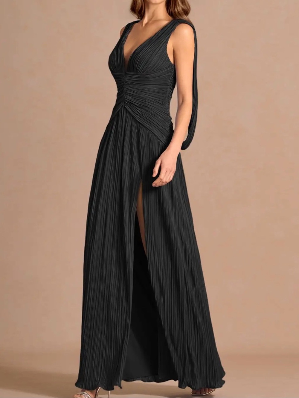 Azazie Elegant Black Pleated V-Neck Evening Dress